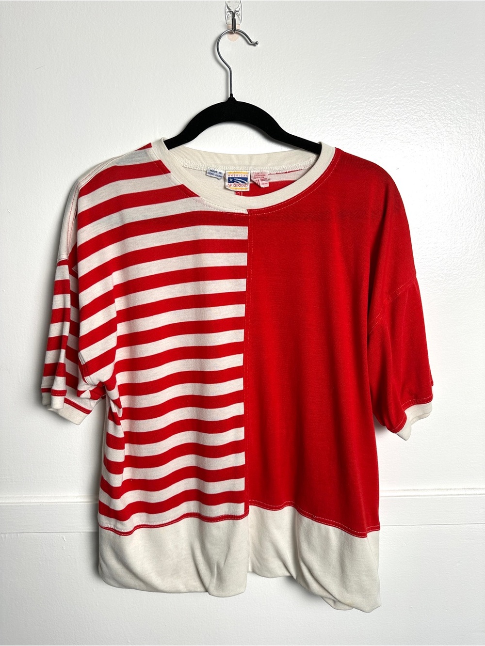Vintage Red & White Half-Striped Boxy Tee